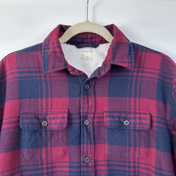 J Crew Crewcuts Boys Sz 14 Flannel Sherpa Lined Jacket Plaid Shacket Navy Red - Picture 2 of 13